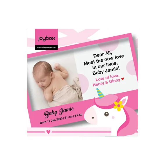 Singapore full month gift box. Magical unicorn virtual baby photo message card